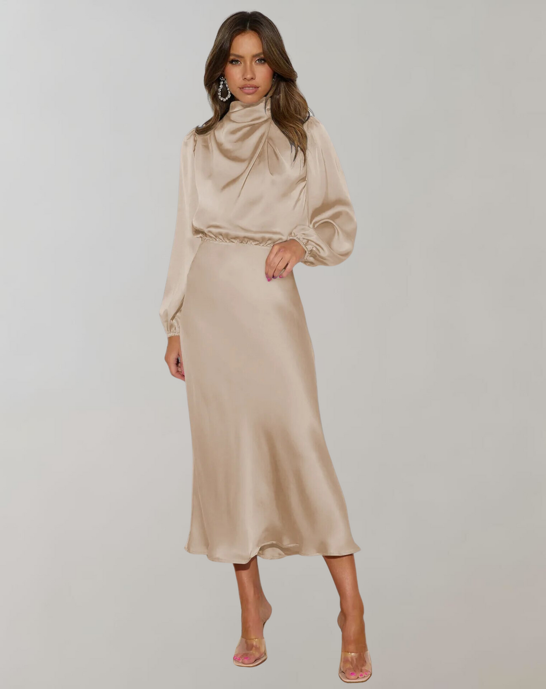 Flowing midi dress for women with elegant high neck & long sleeves. Perfect formal or evening wear.