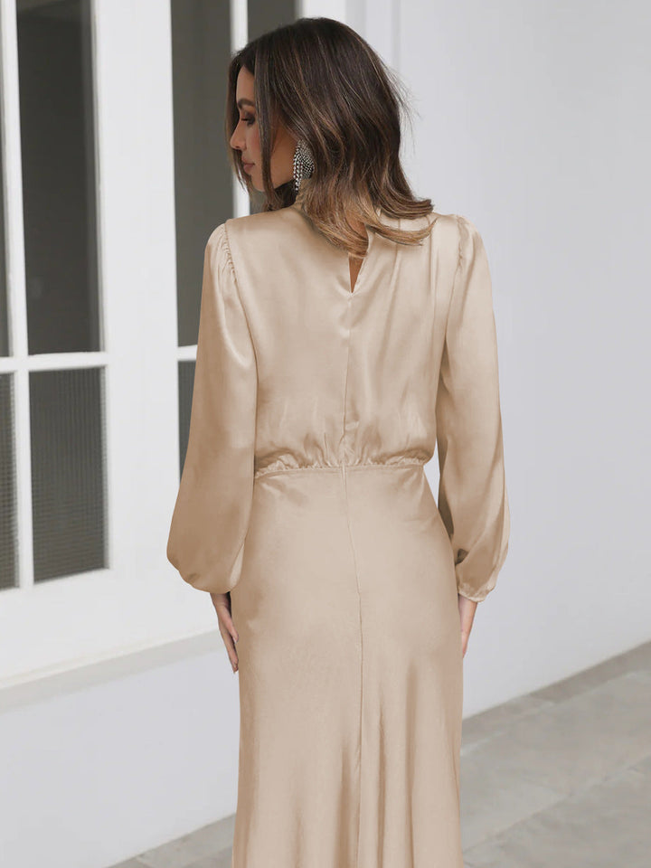 Versatile women's elegant high neck long sleeve midi dress. Suitable for formal events, parties, evening wear.