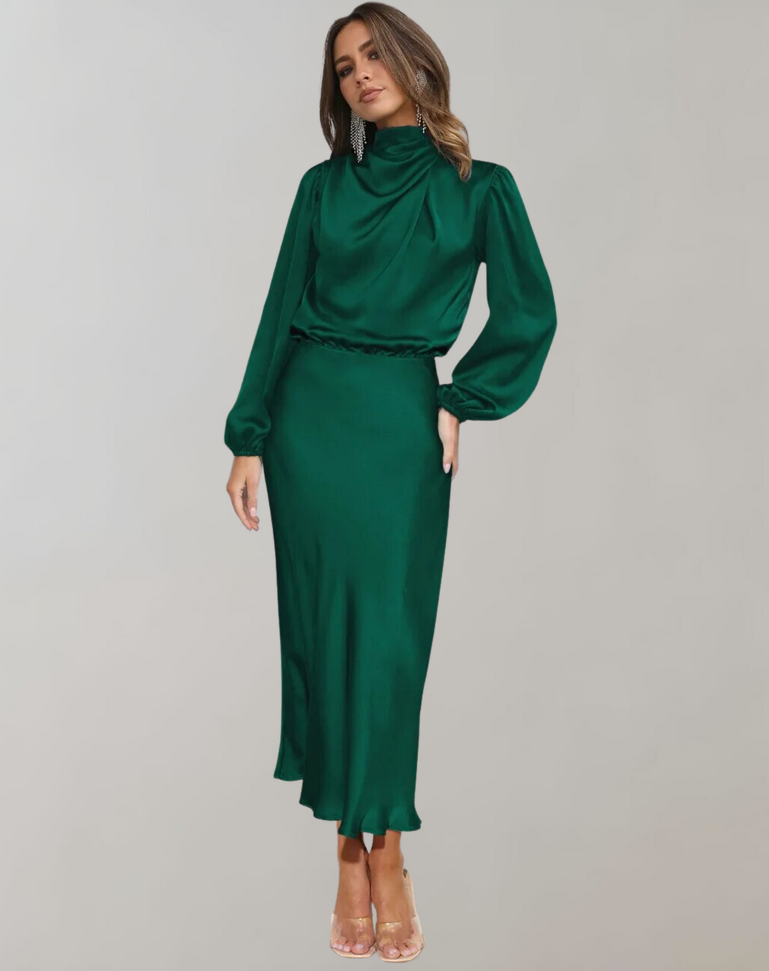 Stylish women's high neck long sleeve midi cocktail dress. Elegant design for special occasions & formal parties.