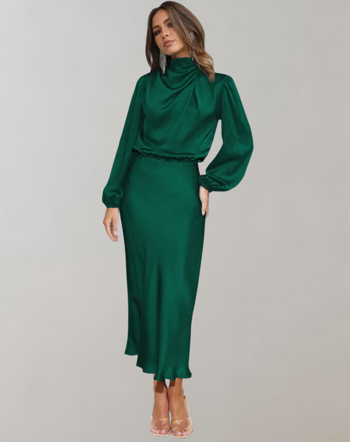 Stylish women's high neck long sleeve midi cocktail dress. Elegant design for special occasions & formal parties.