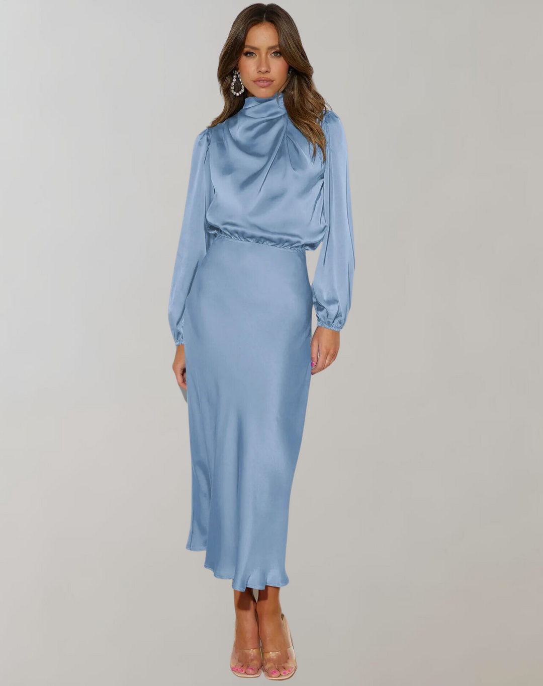 Women's elegant high neck long sleeve midi dress. A classic formal option for evening or party wear.