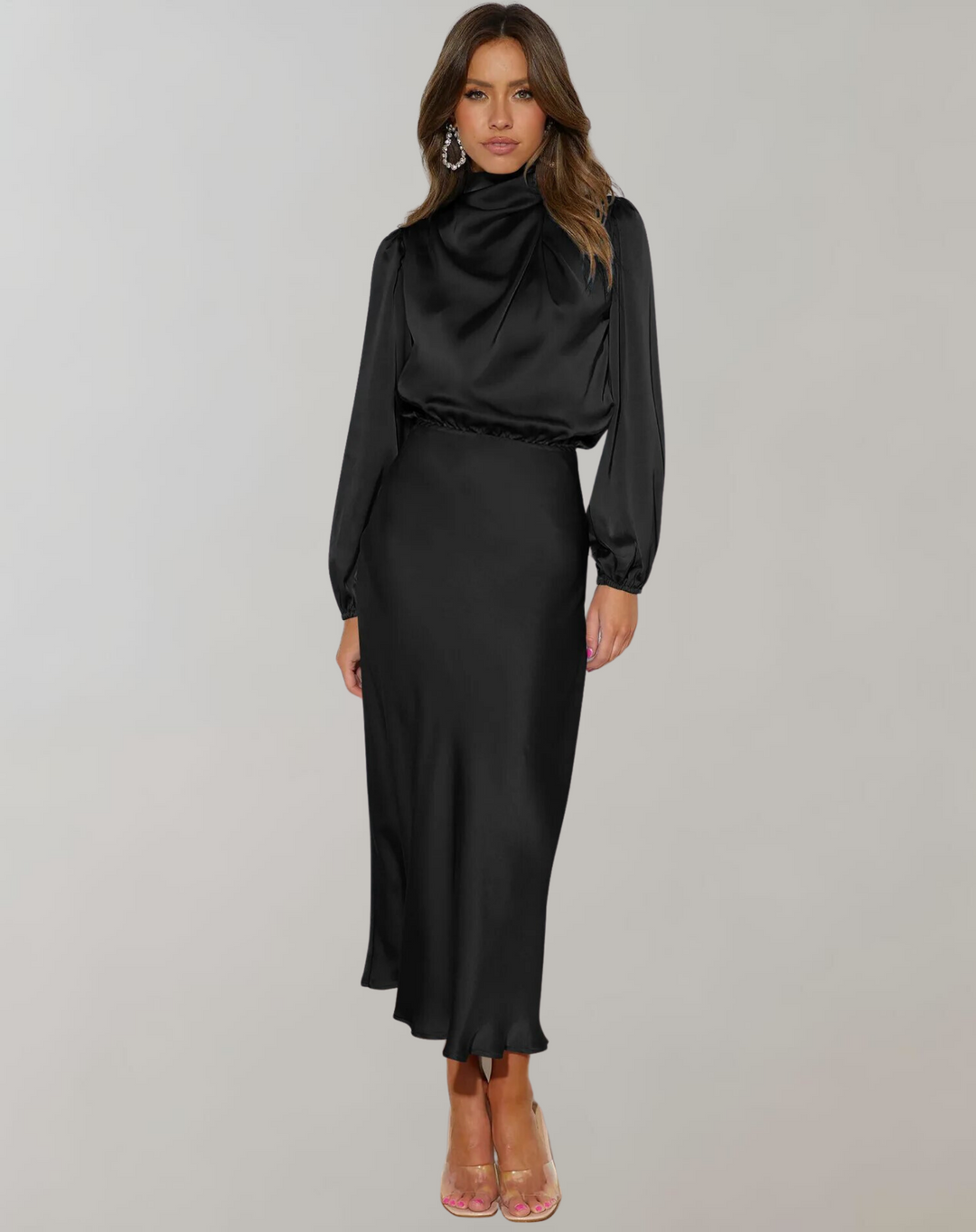 Comfortable yet elegant women's high neck long sleeve midi dress, perfect for sophisticated evening wear.