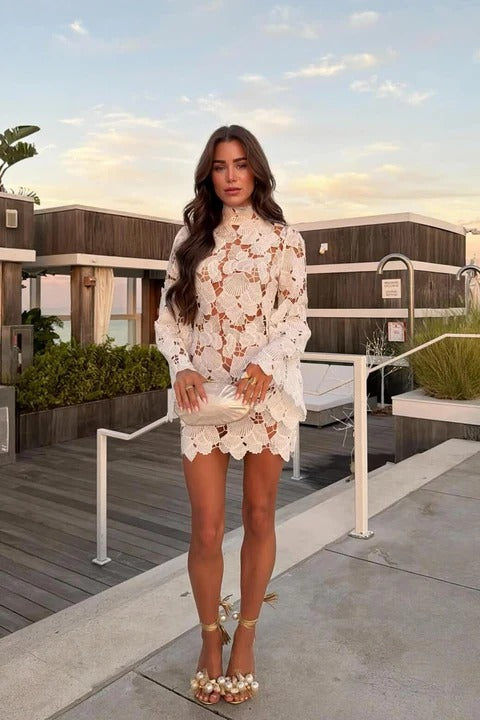Elegant women's high neck long sleeve mini dress, perfect for parties & events. Fitted & stylish.