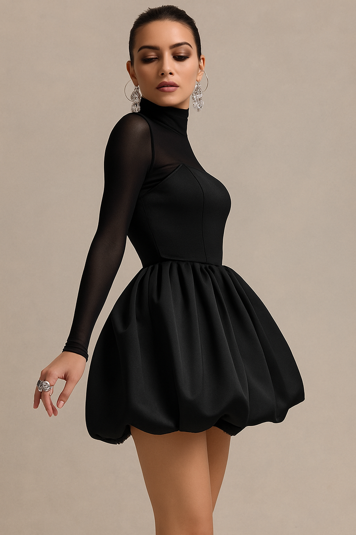 Formal women's long sleeve mini dress with high neck & sculpted puff skirt. A chic evening or statement party dress.