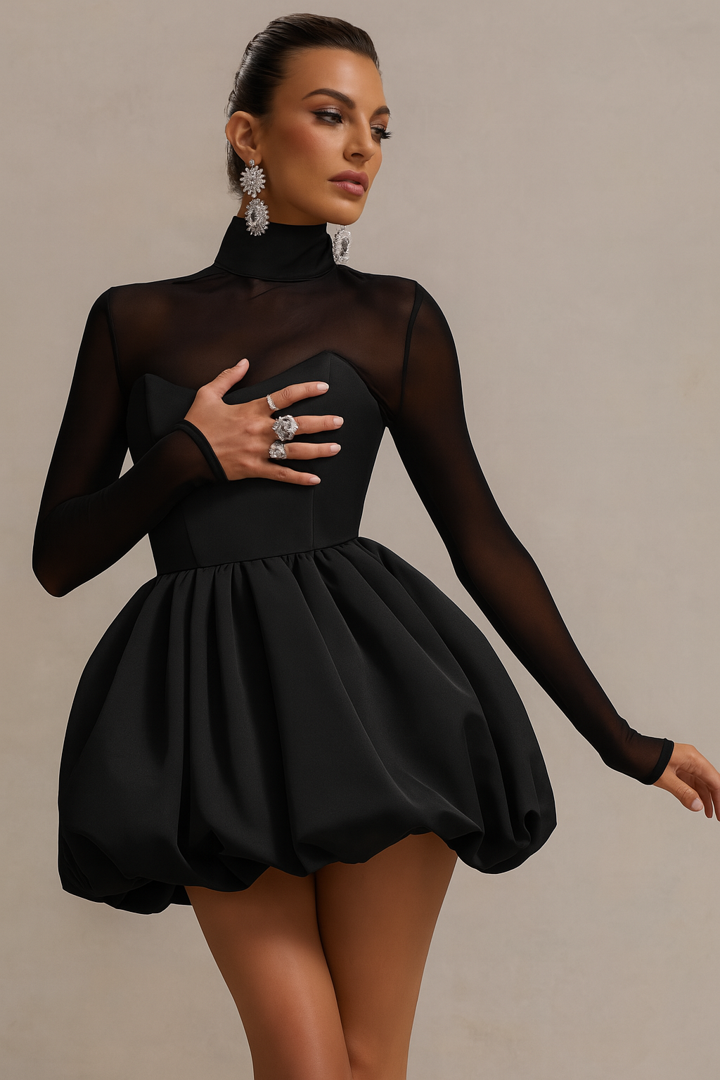 Stunning women's high neck mini dress, featuring a unique sculpted puff skirt. Ideal for elegant evening events.