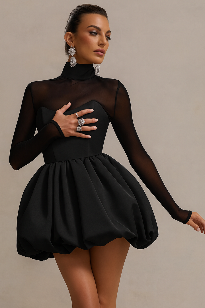 Stunning women's high neck mini dress, featuring a unique sculpted puff skirt. Ideal for elegant evening events.