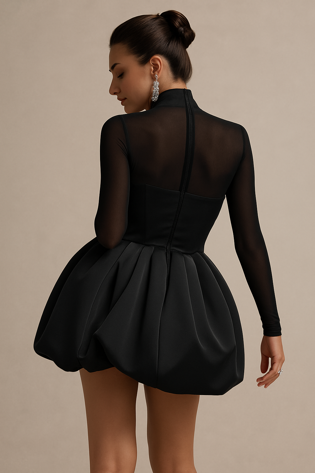 Modern elegant women's high neck long sleeve mini dress with a distinctive sculpted puff skirt for formal events.