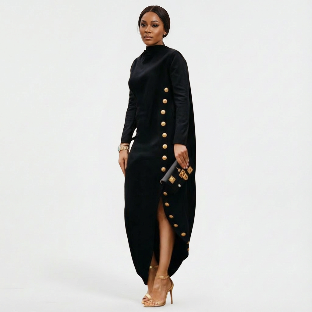 Elegant women's high-neck maxi evening dress with stylish gold button slit detail.