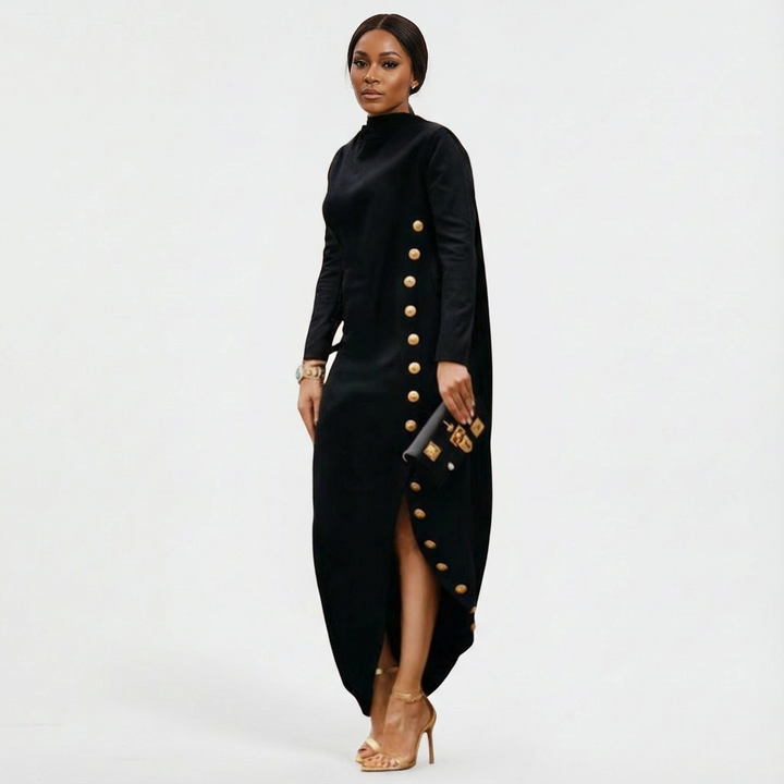 Elegant women's high-neck maxi evening dress with stylish gold button slit detail.