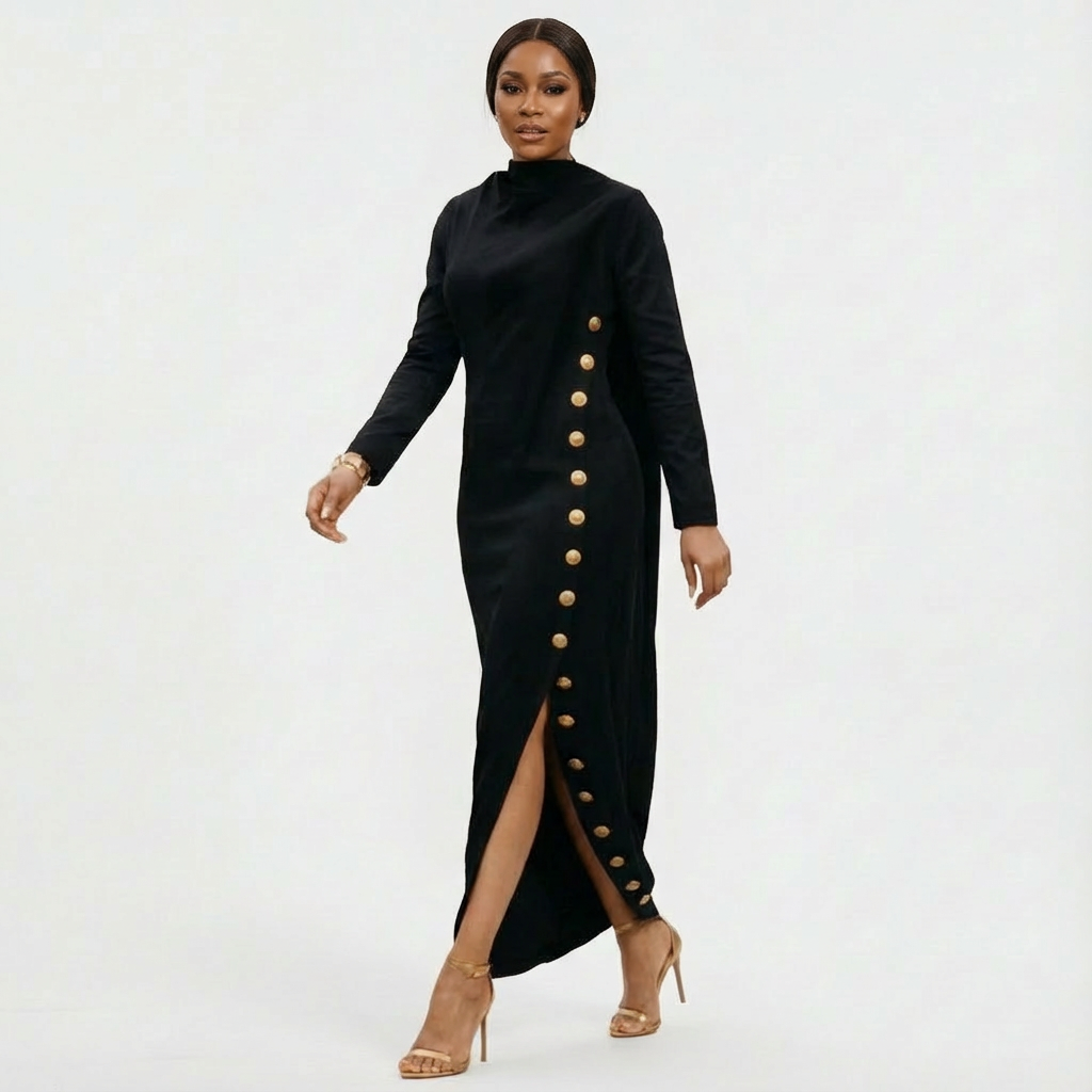 Women's formal long sleeve maxi dress, high neck with chic gold button side slit.