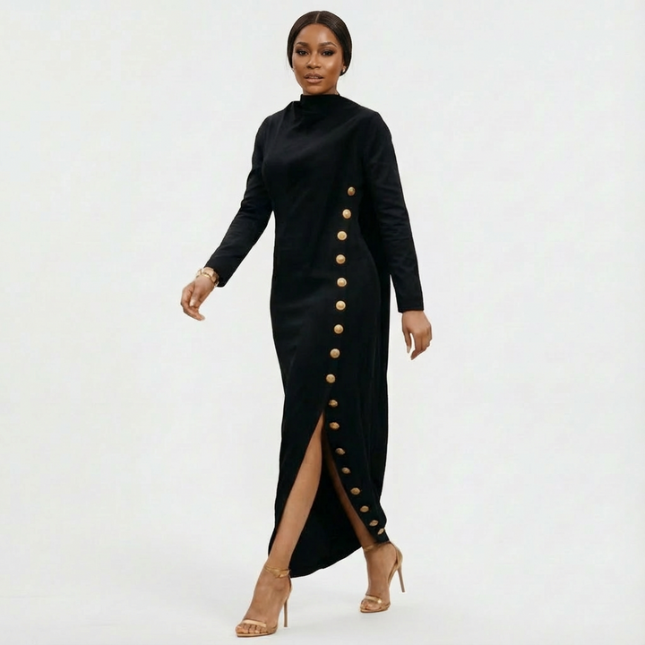 Women's formal long sleeve maxi dress, high neck with chic gold button side slit.