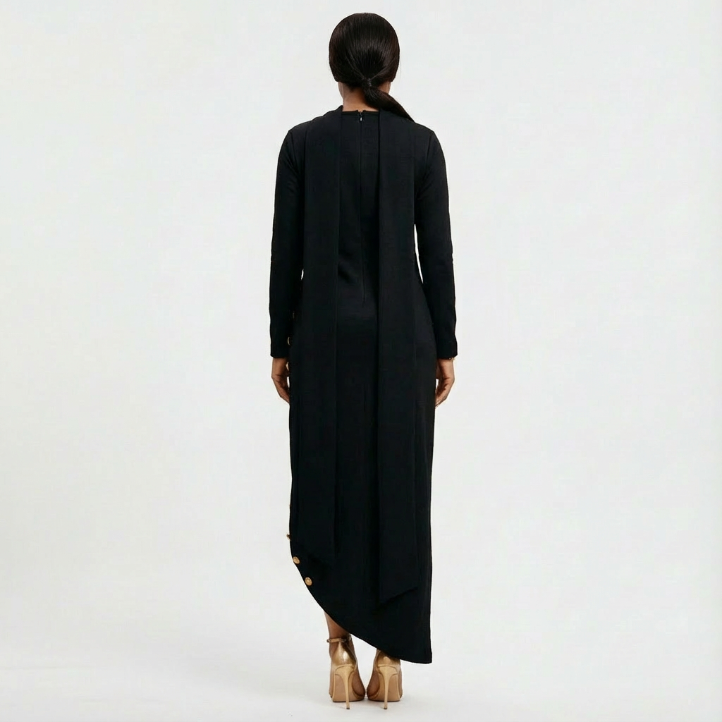 Modest yet stylish women's high-neck evening gown, maxi length with gold button slit.