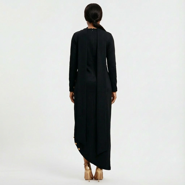 Modest yet stylish women's high-neck evening gown, maxi length with gold button slit.
