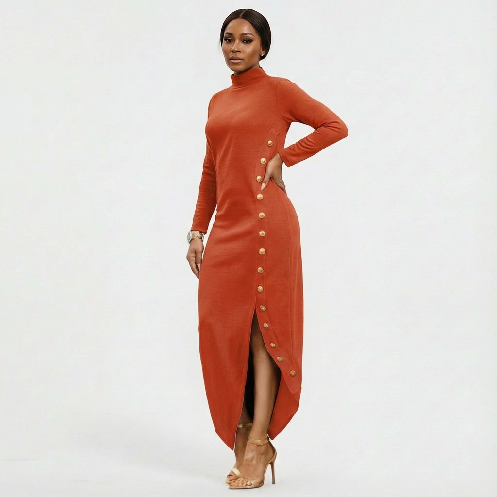 Elegant women's high-neck party maxi dress, long sleeve with fashionable gold button slit.