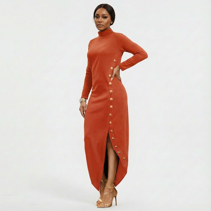 Elegant women's high-neck party maxi dress, long sleeve with fashionable gold button slit.