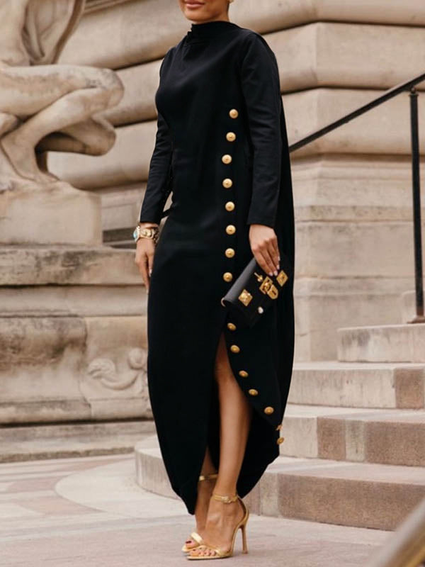Stylish women's autumn/spring occasion dress, high-neck maxi with gold button detail & slit.
