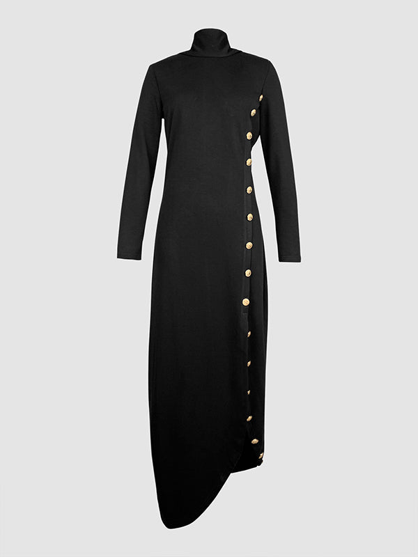 Formal women's high-neck maxi dress featuring a long sleeve and elegant gold button slit.