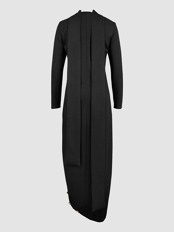Women's elegant high-neck long evening dress with a sophisticated gold button high slit.