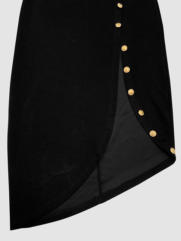 Women's formal maxi party dress, high neck & long sleeve with a flattering gold button slit.