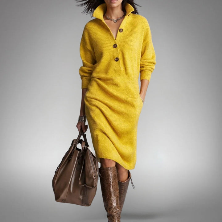 Chic women's high neck midi dress, an elegant & versatile choice for sophisticated casual or formal wear.