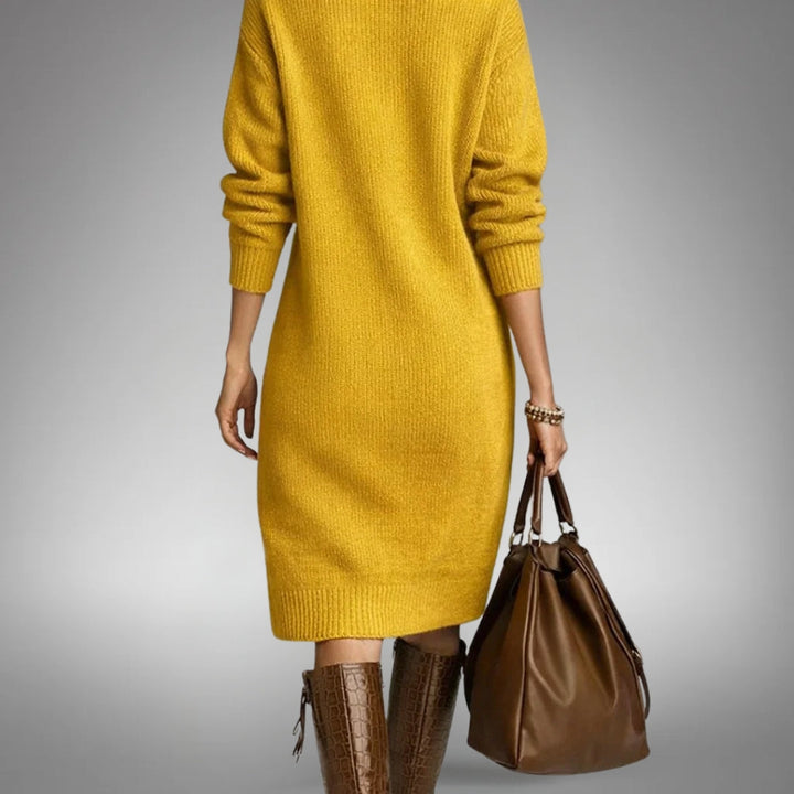 Structured women's high neck midi dress, designed for sophisticated elegance & versatile everyday fashion.