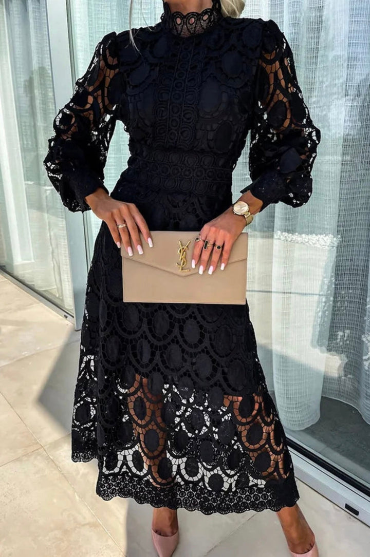 Women's elegant midi dress with intricate openwork, high neck design, & long sleeves. A statement fashion piece.