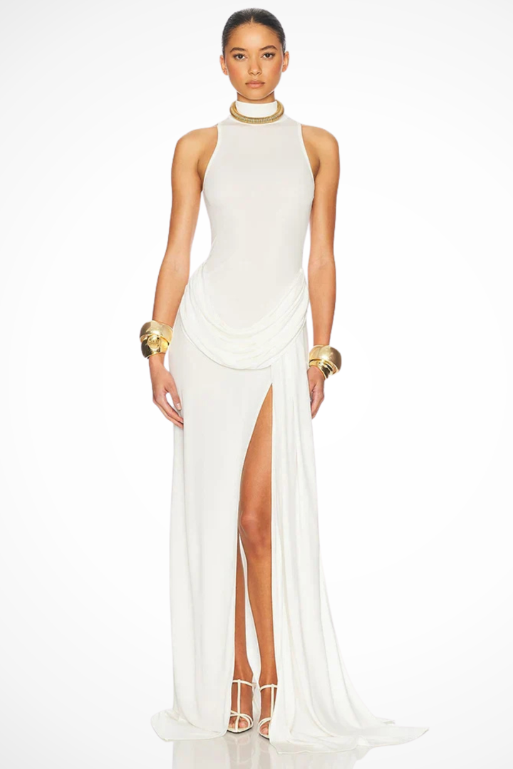 Sophisticated women's high neck sleeveless maxi dress, a chic choice for evening parties & formal events.