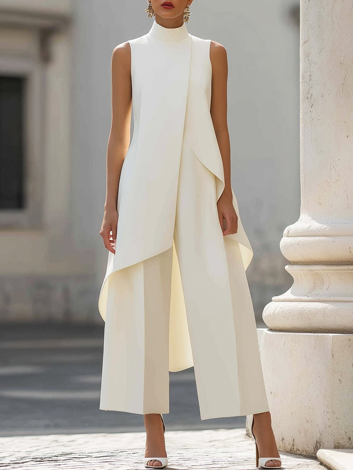 Elegant women's high-neck sleeveless wide-leg trouser set. Stylish two-piece contemporary suit for formal wear.
