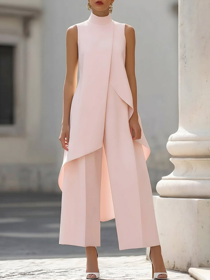 Modern women's wide-leg trouser set with a high-neck sleeveless top. Chic two-piece contemporary suit for all occasions.