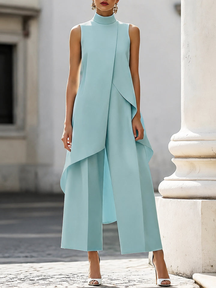 Sleek women's high-neck sleeveless two-piece. Wide-leg trouser set offers a contemporary and elegant formal look.