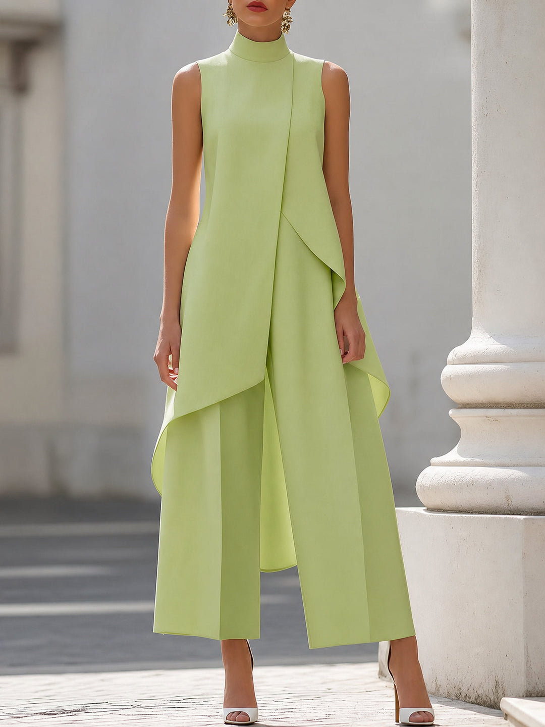 Fashionable women's high-neck sleeveless trouser set. Elegant wide-leg design, a modern two-piece contemporary suit.