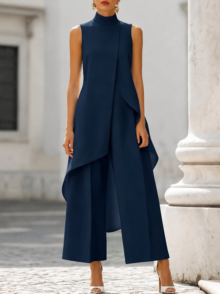 Professional women's high-neck sleeveless top & wide-leg trousers. Contemporary two-piece suit, perfect office attire.