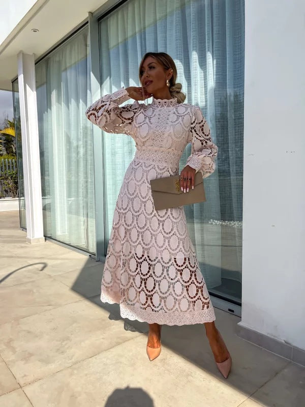 Elegant women's high-neck summer dress with delicate lace and stylish puff sleeves, perfect for day or party wear.