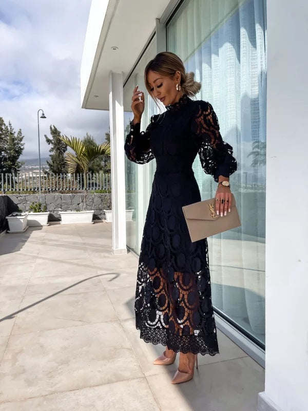 Lightweight women's summer dress featuring a high-neck design, delicate lace, and chic puff sleeves for warm days.