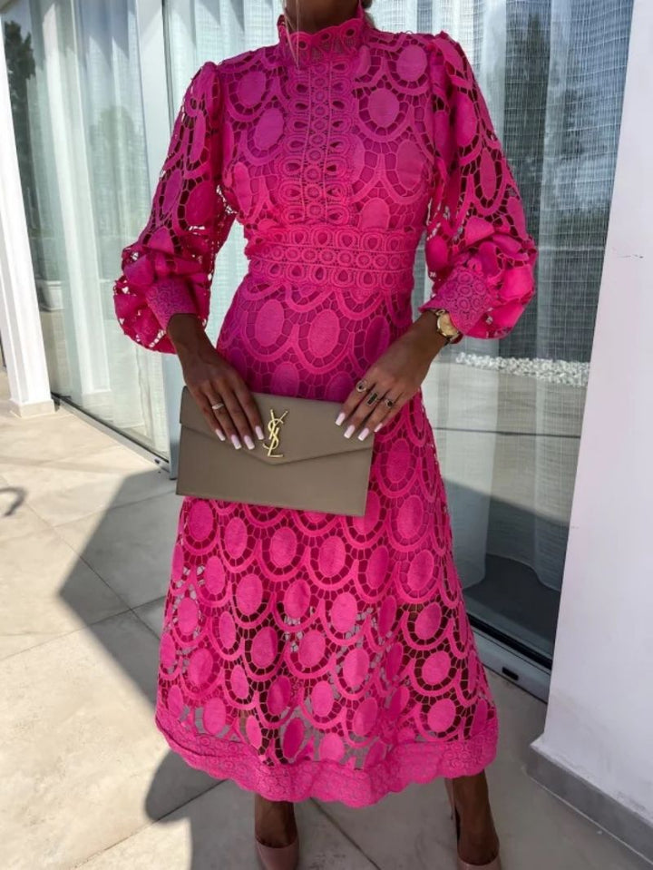 Chic women's day dress, elegant high-neck, short puff sleeves, and subtle lace fabric. A versatile summer fashion choice.