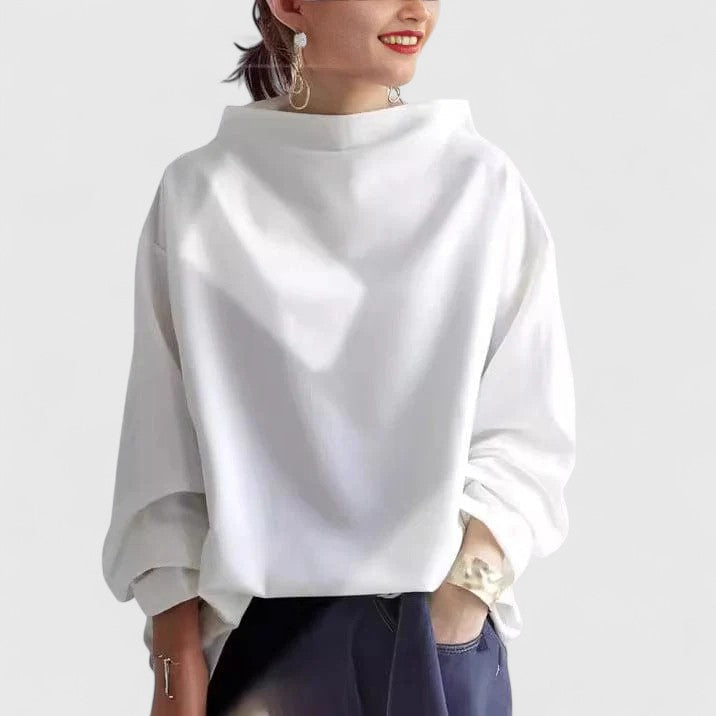 Elegant women's high-neck top in black, perfect for chic formal or casual wear. Comfortable, long sleeve blouse.