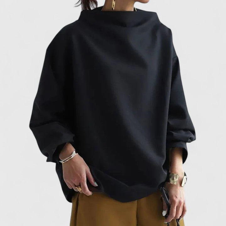 Sleek women's elegant high-neck top, a chic and comfortable long sleeve blouse. Perfect versatile fashion.