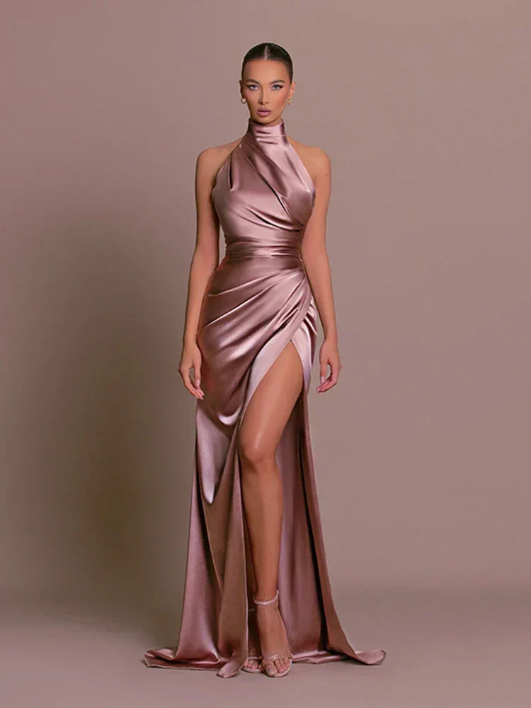 Elegant women's high-slit evening maxi dress, perfect for formal occasions & glamour.