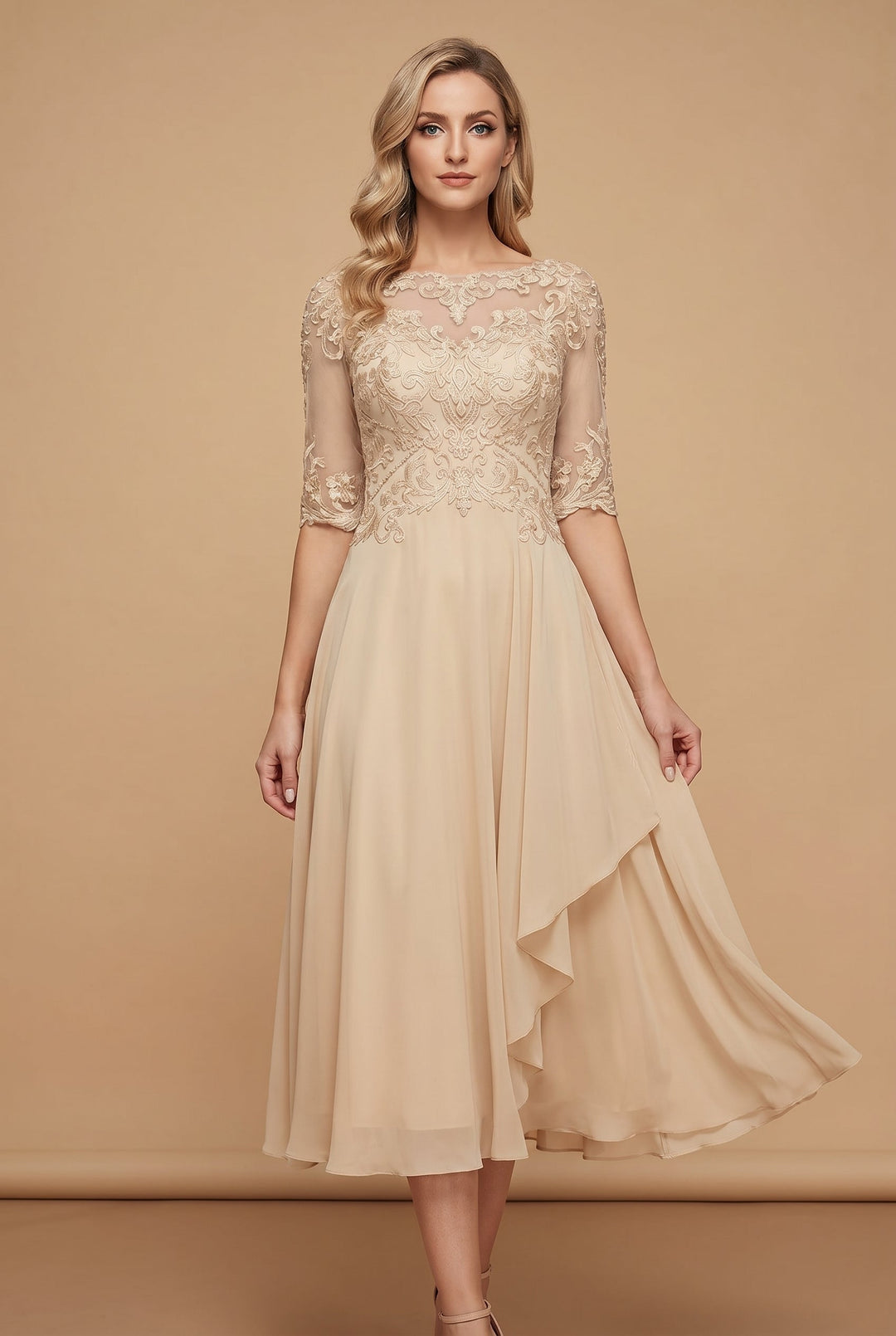 Elegant women's high waist flared midi dress. Comfortable round neck, short sleeve. Versatile spring & summer.