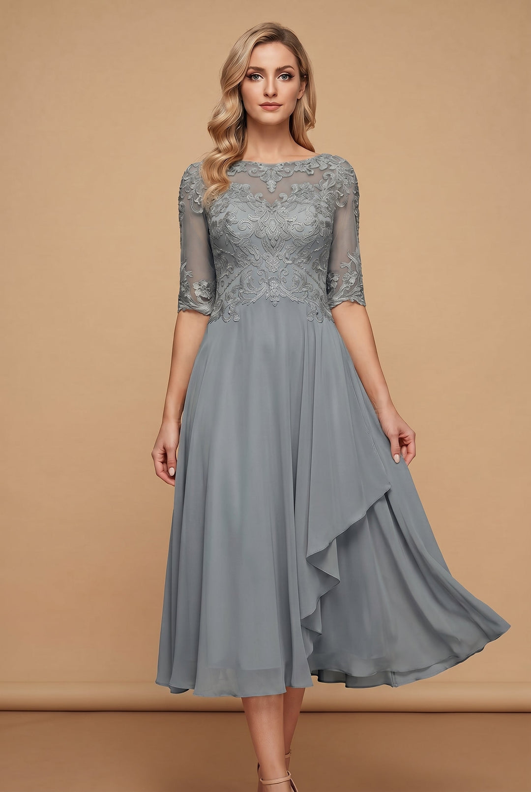 Versatile women's midi dress with a high waist, flared skirt, and round neck. Elegant autumn fashion.