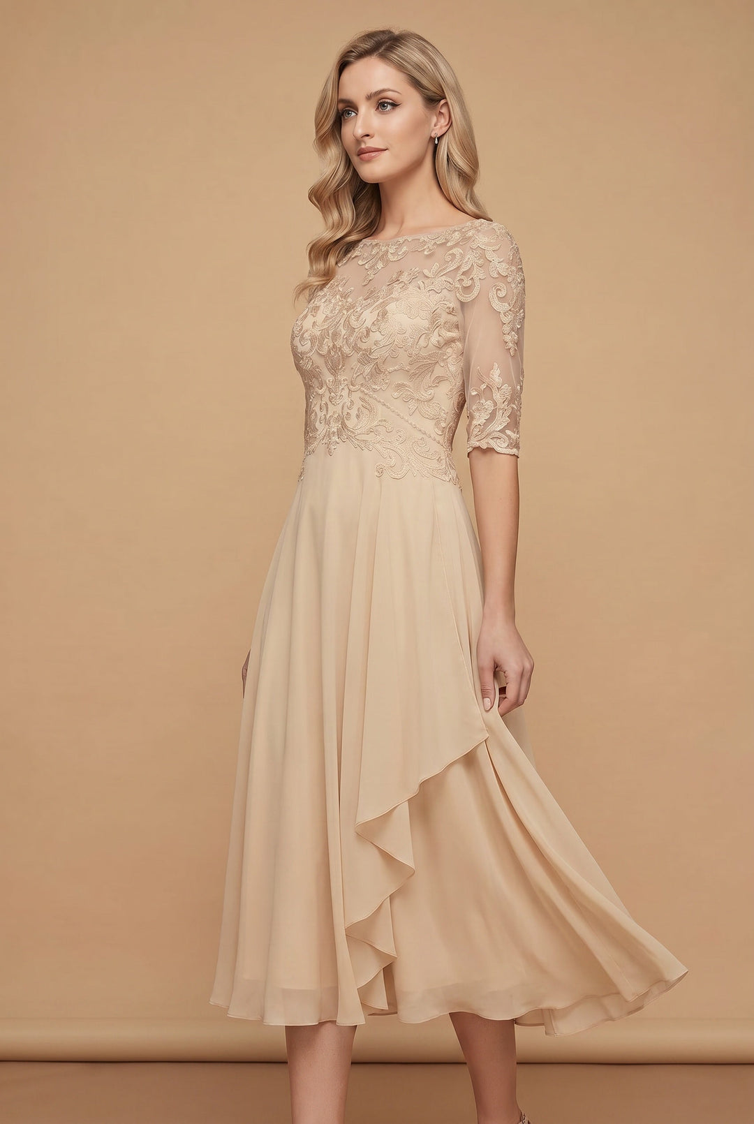 Chic high waist flared midi dress for women. Feminine style, perfect for spring, summer, autumn wear.