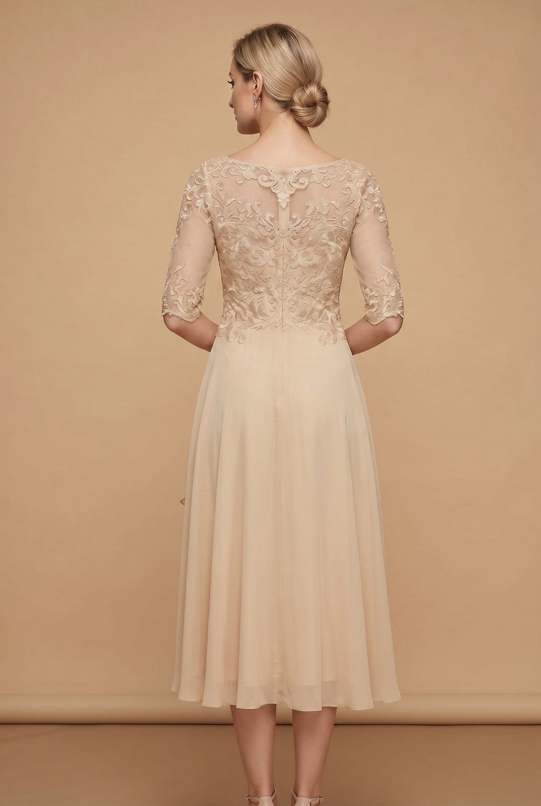 Versatile round neck midi dress for women. High waist, flared skirt. Ideal for elegant spring & summer fashion.