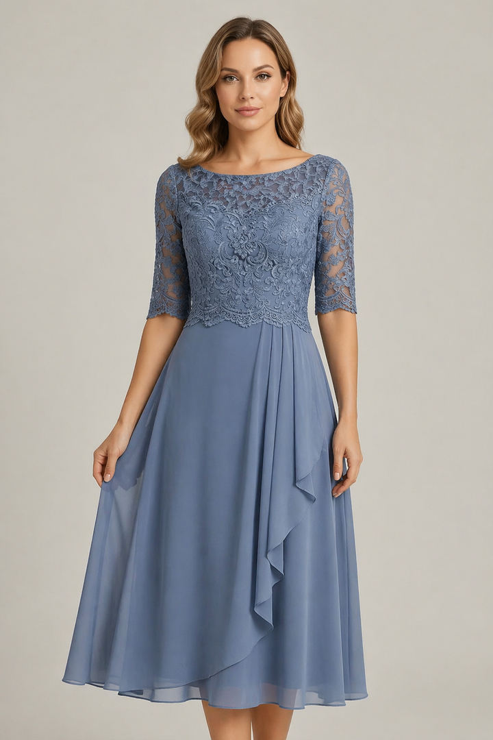Feminine midi dress for women, high waist & elegant flared design. Comfortable short sleeve, round neck.