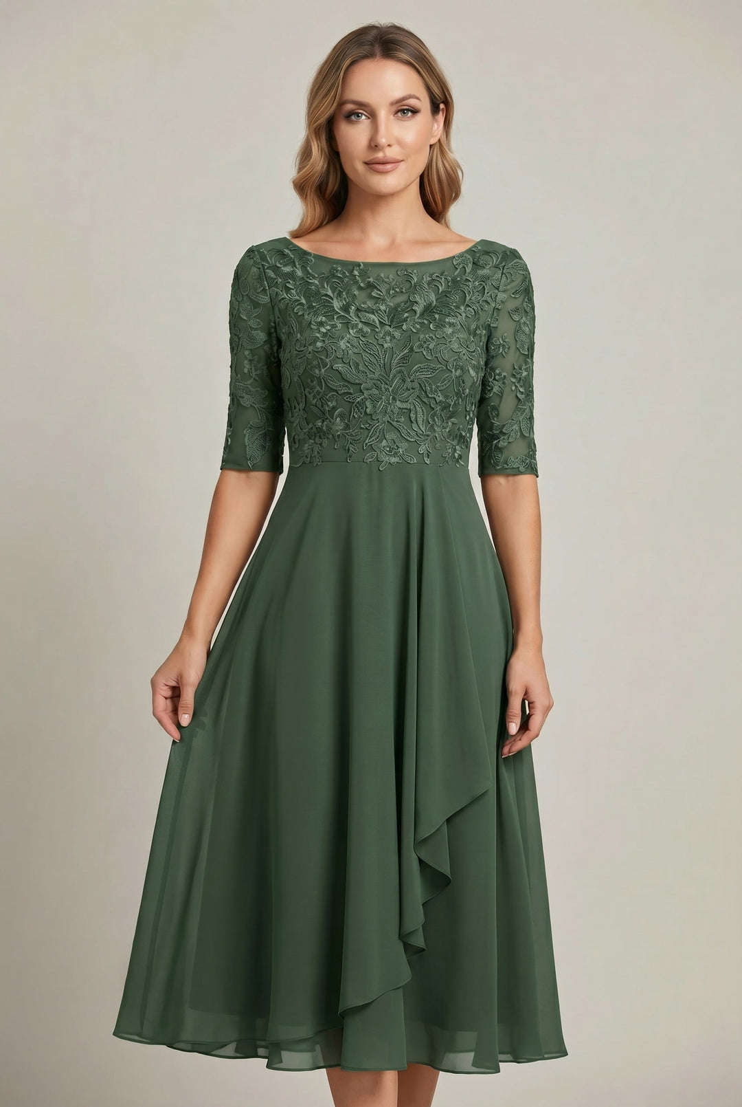 Elegant women's short sleeve midi dress with a flattering high waist and flowy flared skirt.