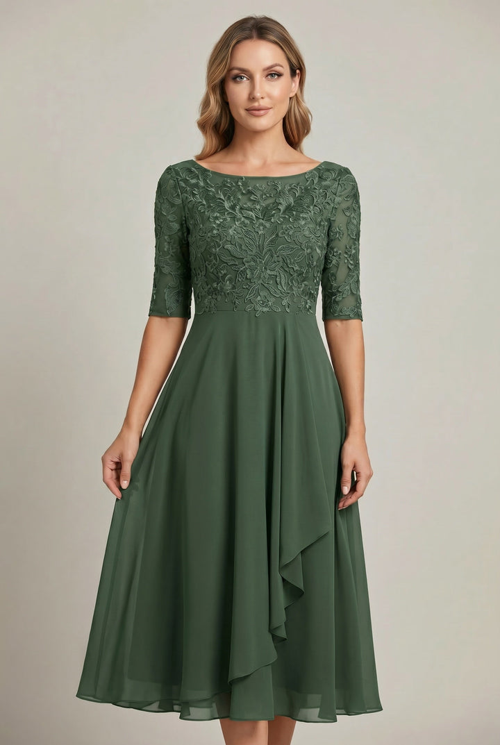 Elegant women's short sleeve midi dress with a flattering high waist and flowy flared skirt.
