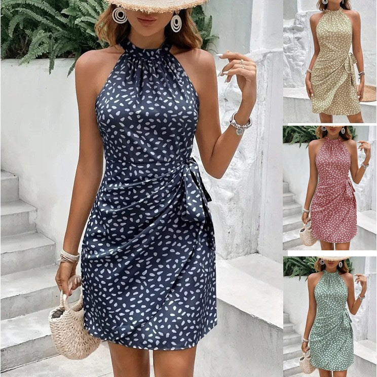 Elegant women's high waist halter neck wrap dress, perfect for summer occasions.