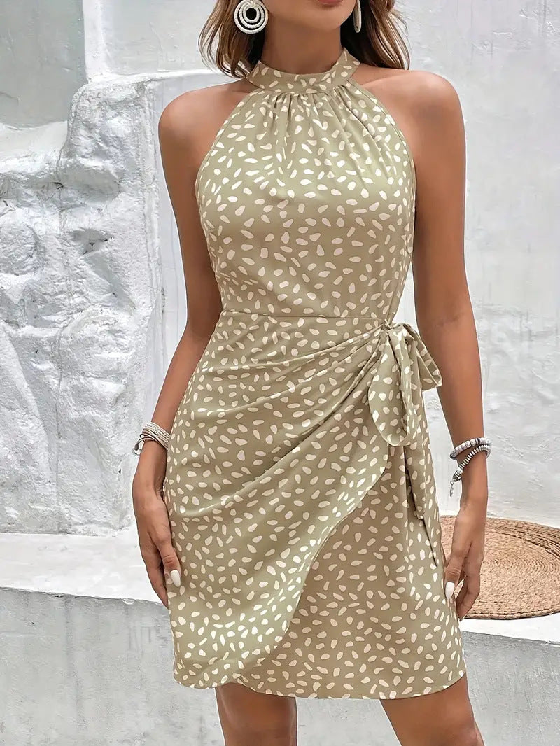 Flattering women's high waist halter neck wrap dress, elegant & versatile for summer occasions.
