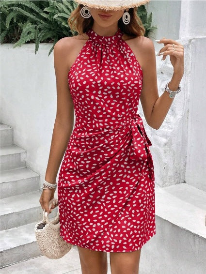 Lightweight women's summer wrap dress, halter neck, high waist, elegant for events.