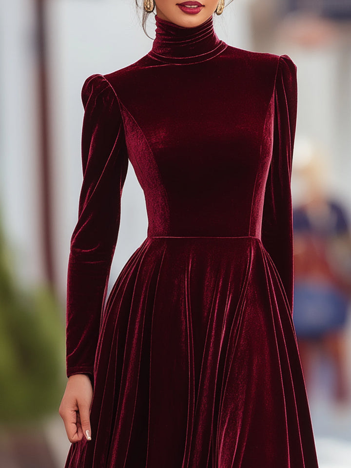 Modest long sleeve pleated mock neck dress with a high waist, suitable as an evening gown for women.