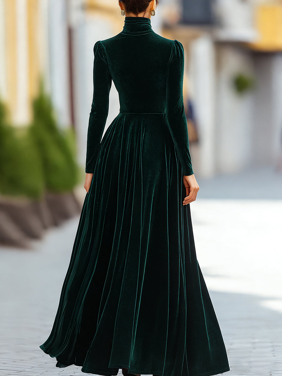 Comfortable long sleeve pleated dress in dark green, a high-waist mock neck design for elegant formal wear.